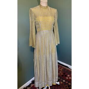 Vintage Alfred Bosand Yellow w/Silver Lace Overlay Dress.